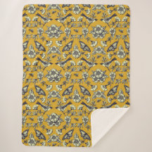 Mustard Gult & Navy Birds, Butterflies & Flowers