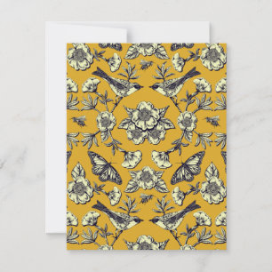 Mustard Gult & Navy Birds, Butterflies & Flowers Anteckningskort