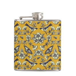 Mustard Gult & Navy Birds, Butterflies & Flowers Fickplunta