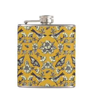 Mustard Gult & Navy Birds, Butterflies & Flowers Fickplunta