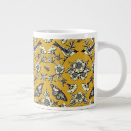 Mustard Gult & Navy Birds, Butterflies & Flowers Jumbo Mugg
