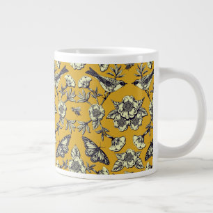 Mustard Gult & Navy Birds, Butterflies & Flowers Jumbo Mugg