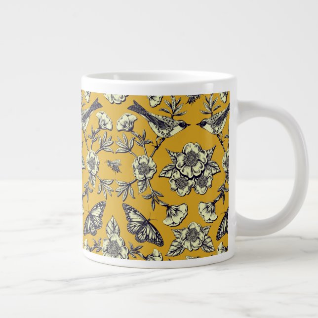 Mustard Gult & Navy Birds, Butterflies & Flowers Jumbo Mugg (Höger)