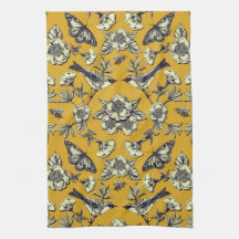 Mustard Gult & Navy Birds, Butterflies & Flowers