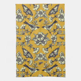 Mustard Gult & Navy Birds, Butterflies & Flowers Kökshandduk