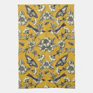 Mustard Gult & Navy Birds, Butterflies & Flowers Kökshandduk