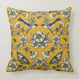 Mustard Gult & Navy Birds, Butterflies & Flowers Kudde