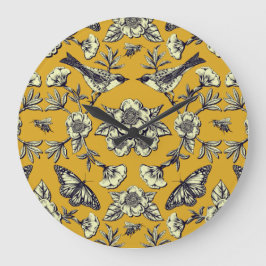 Mustard Gult & Navy Birds, Butterflies & Flowers Stor Klocka