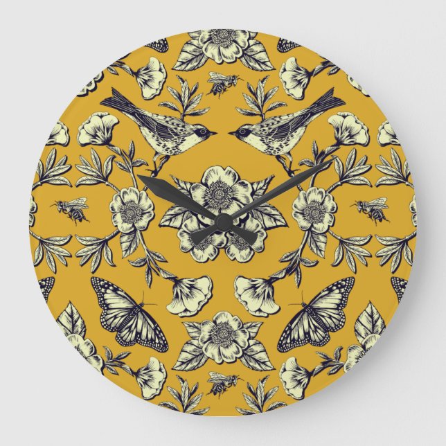 Mustard Gult & Navy Birds, Butterflies & Flowers Stor Klocka (Framsida)
