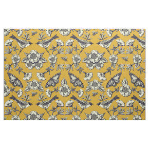 Mustard Gult & Navy Birds, Butterflies & Flowers Tyg