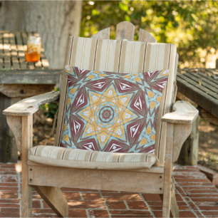 Mustard Gult Red Brown Aqua Mandala Tribal Art Kudde