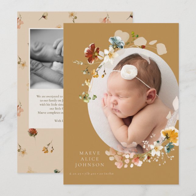 Mustard Wildbloms Blommigt Foto Birth Notice Inbjudningar (Fram/baksida)