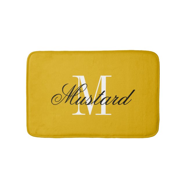 Mustard yellow bath mat with elegant name monogram badrumsmatta (Framsidan)