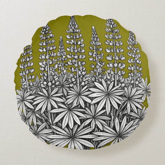  Mustard Yellow Botanical Lupine Round Pillow Rund Kudde (Framsidan)
