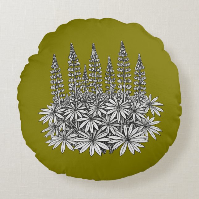 Mustard Yellow Lupine Floral Round Pillow Rund Kudde (Framsidan)