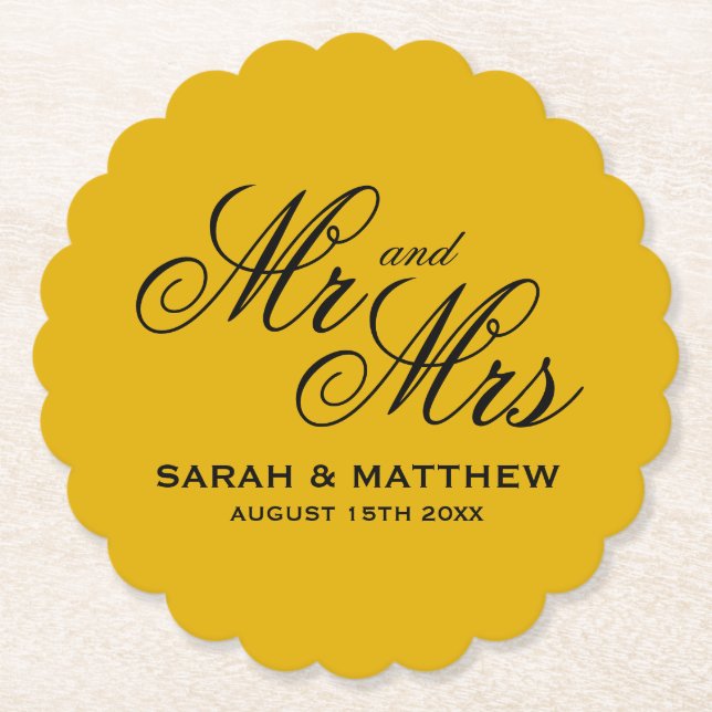 Mustard yellow personalized wedding coasters underlägg papper (Framsida)