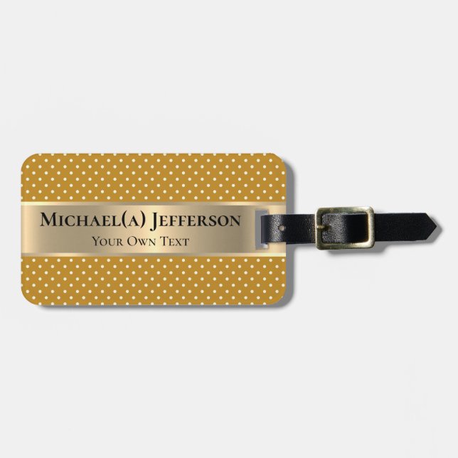 Mustard Yellow Polka Dots Gold Band Personalized Bagagebricka (Horisontell Framsida)