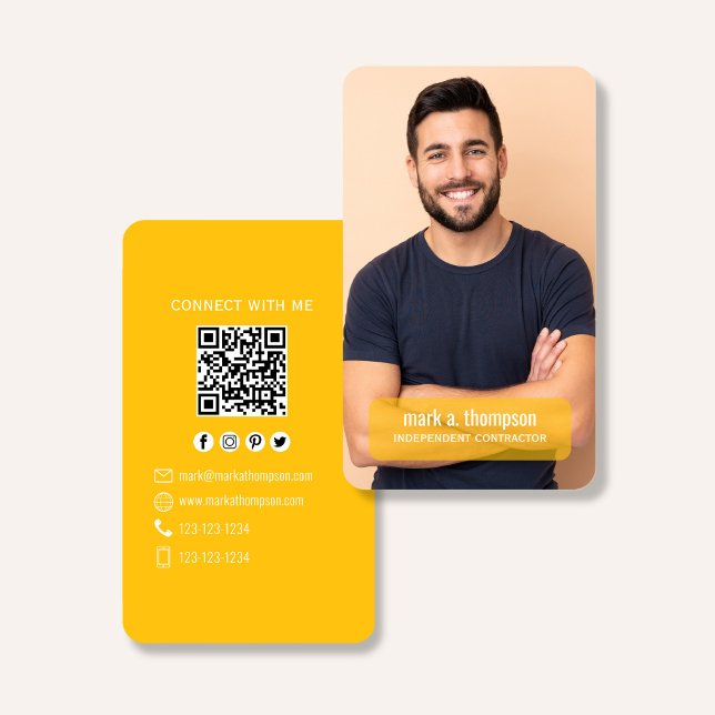 Mustard Yellow QR Code Photo Connect Modern Visitkort (Bright mustard yellow QR code business card with photo and modern clean layout)