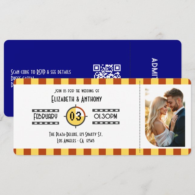 Mustard Yellow, Rust & Navy Cinema Ticket Wedding Inbjudningar (Fram/baksida)