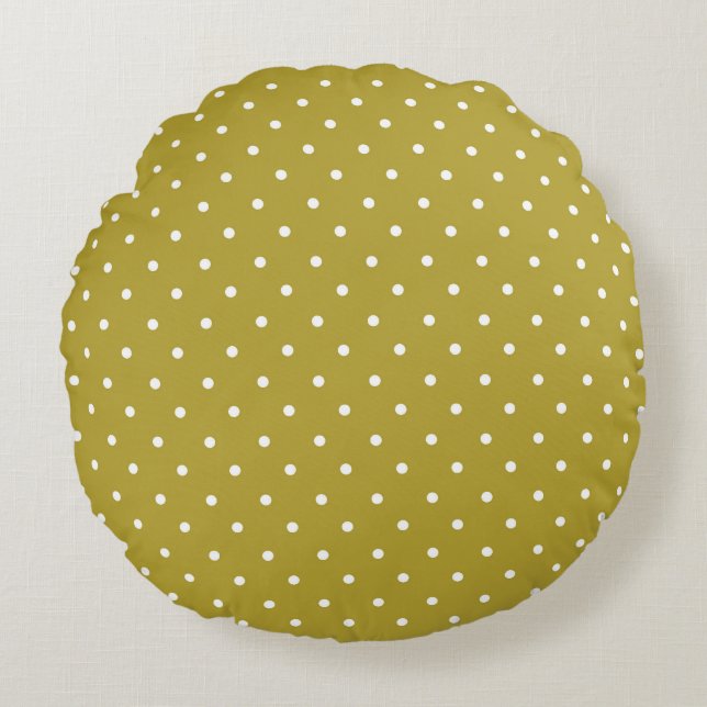  Mustard yellow white polka dots pattern  Rund Kudde (Framsidan)