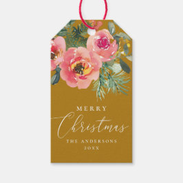Mustardbrun julfirande | Festlig blomsterprakt Presentetikett