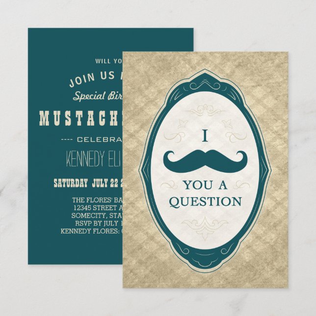 Mustasch Bash Fråga Vintage Ram Inbjudningar (Fram/baksida)