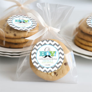 Mustasch Chevron Oj Pojke Baby Shower-klistermärke Runt Klistermärke
