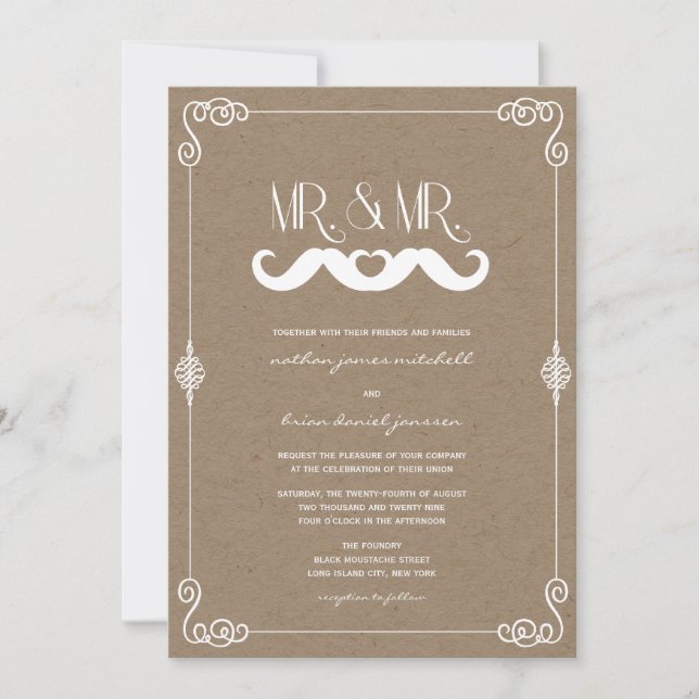 Mustasch Kärlek Vintage Kraftpapper Gay Bröllop Inbjudningar (Framsida)