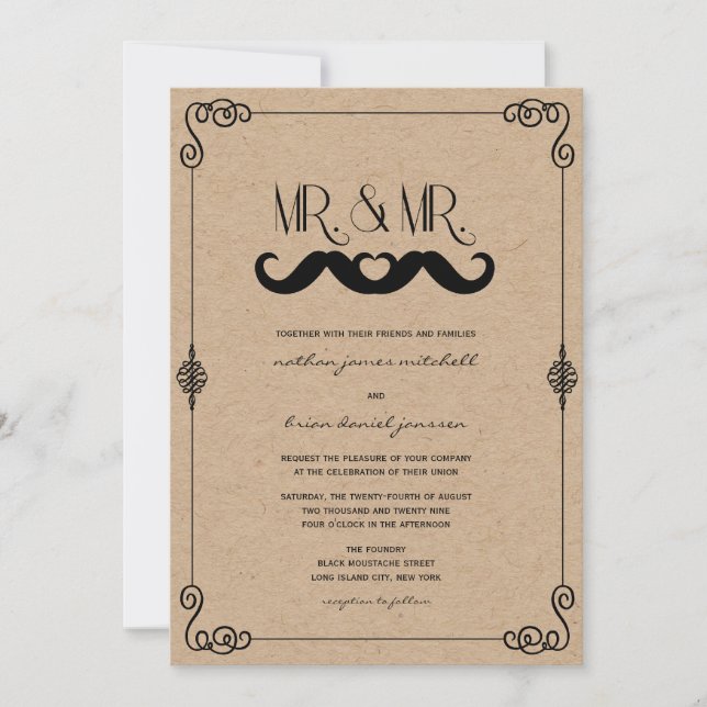 Mustasch Kärlek Vintage Kraftpapper Gay Bröllop Inbjudningar (Framsida)