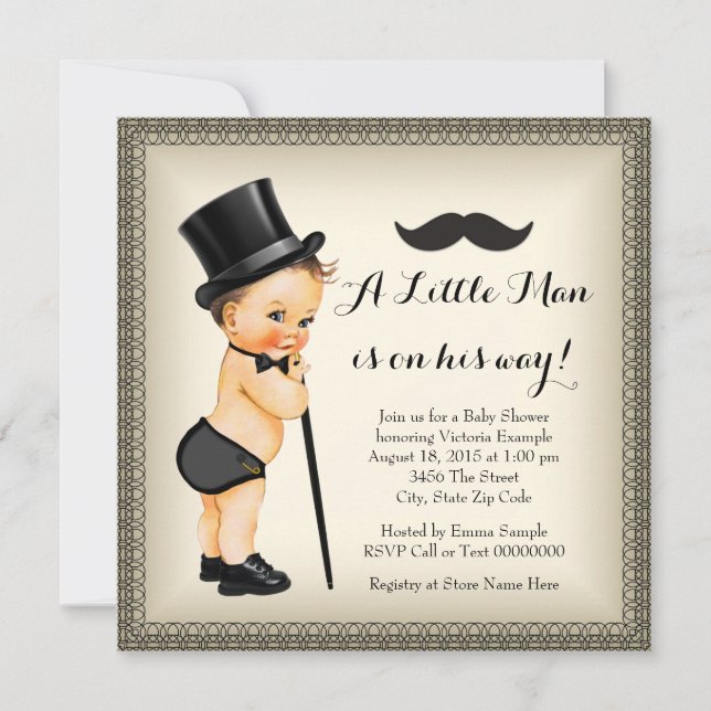Mustasch Liten Man Bebis Badrum Inbjudningar (Framsida)