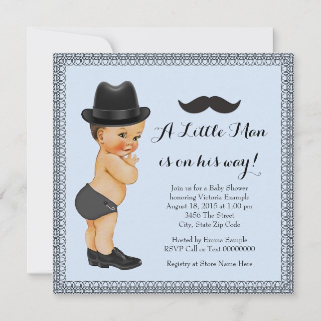 Mustasch Little Man Blå och Svart Baby Shower Inbjudningar (Framsida)