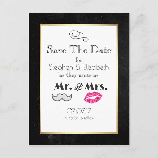 Mustasch och läppar Herr och fru Spara datum Meddelande Vykort (Framsida)