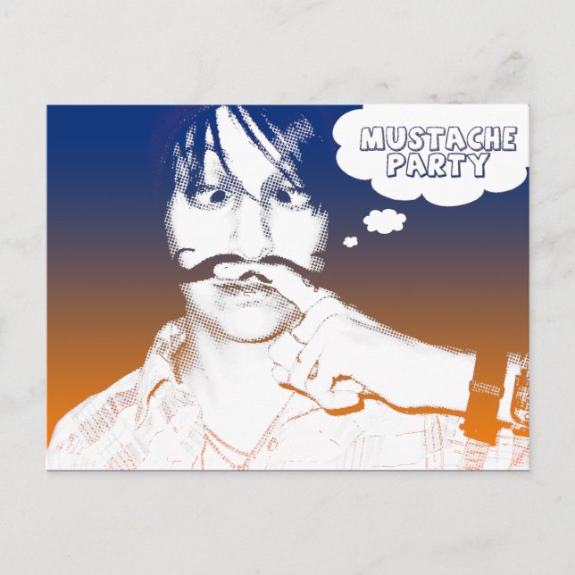 mustasch-temaparty: tecknad stache inbjudan vykort (Framsida)