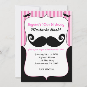 Mustaschfest Flickor Rosa Vita Svarta Inbjudningar