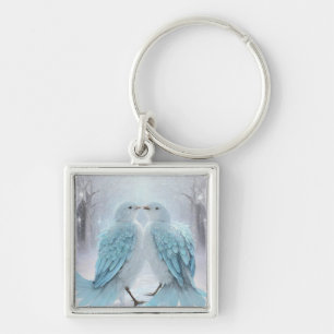 *~* MUT Love birds AP54 Art Winter Fyrkantig Silverfärgad Nyckelring