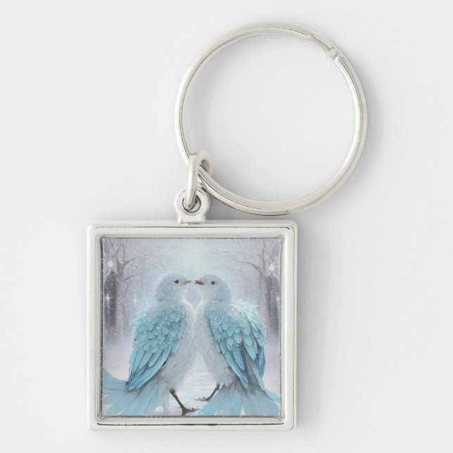 *~* MUT Love birds AP54 Art Winter Fyrkantig Silverfärgad Nyckelring (Framsidan)