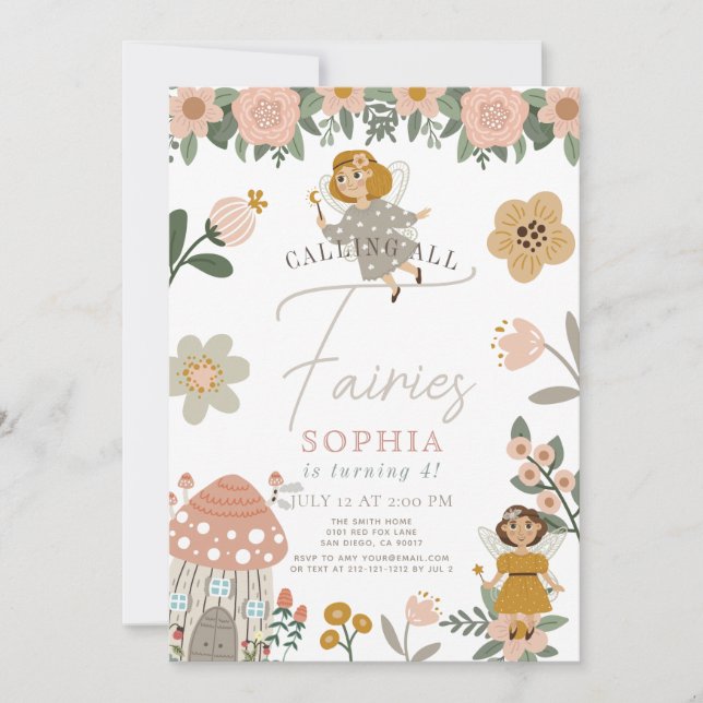 Mute Rosa Blommigt Fairy Girl Birthday Inbjudningar (Framsida)