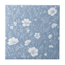 Muted Blue And White Wildflower Pattern Kakelplatta