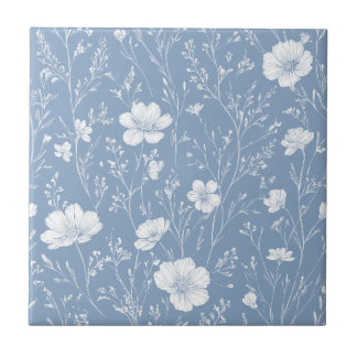 Muted Blue And White Wildflower Pattern Kakelplatta