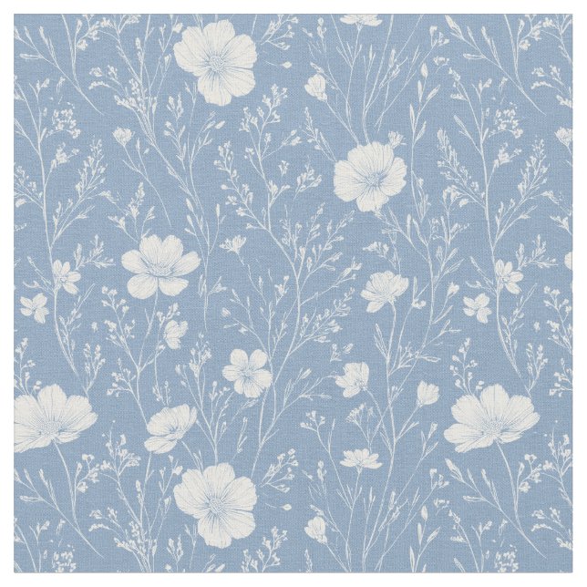 Muted Blue And White Wildflower Pattern Tyg (Närbild)