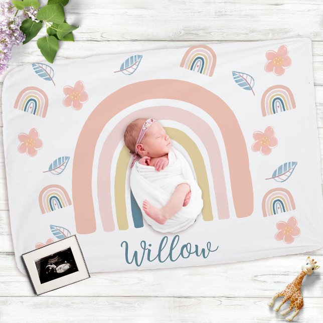 Muted Boho Rainbow Minimalist Blommigt Baby Blanke Fleecefilt (Skapare uppladdad)