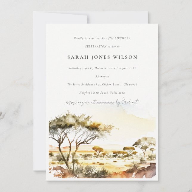 Muted Earthy Watercolor African Landcape Birthday Inbjudningar (Framsida)