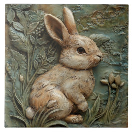 Muted Grönt Bunny Rabbit and Flowers Faux Relief Kakelplatta