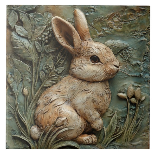 Muted Grönt Bunny Rabbit and Flowers Faux Relief Kakelplatta (Framsidan)