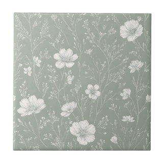 Muted Sage Green And White Wildflower Pattern Kakelplatta