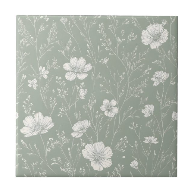 Muted Sage Green And White Wildflower Pattern Kakelplatta (Framsidan)