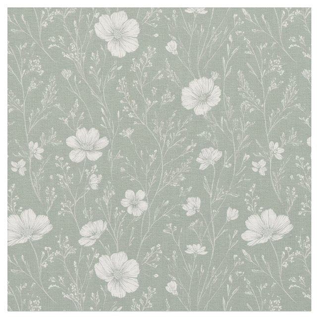 Muted Sage Green And White Wildflower Pattern Tyg (Närbild)
