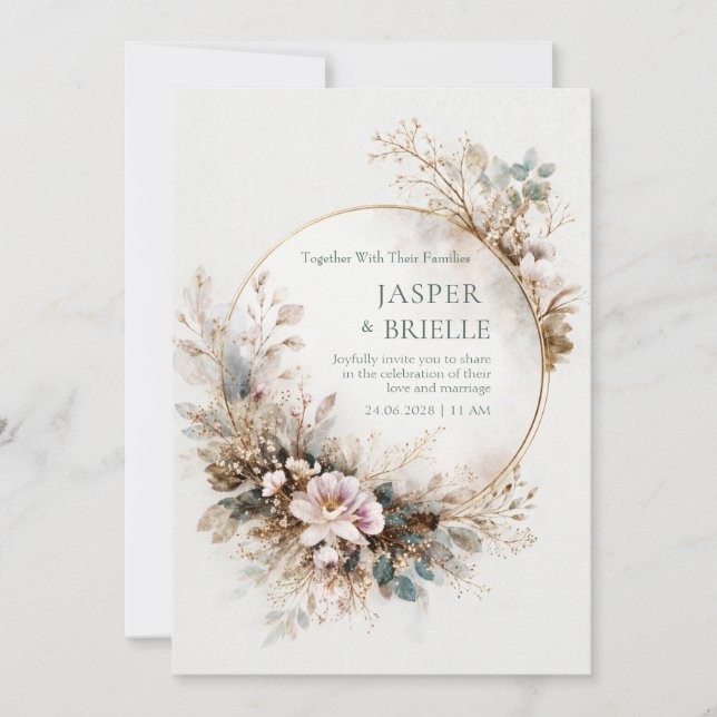 Muted Teal Watercolor Gold Circle Wedding Inbjudningar (Framsida)