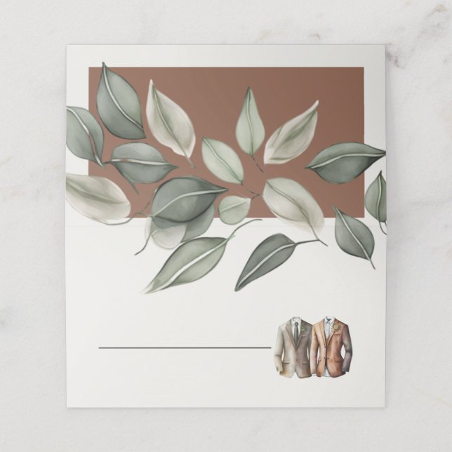 Muterad Grönt Foliage Two Grooms Bröllop Placeringskort (Utvändigt utvikt)