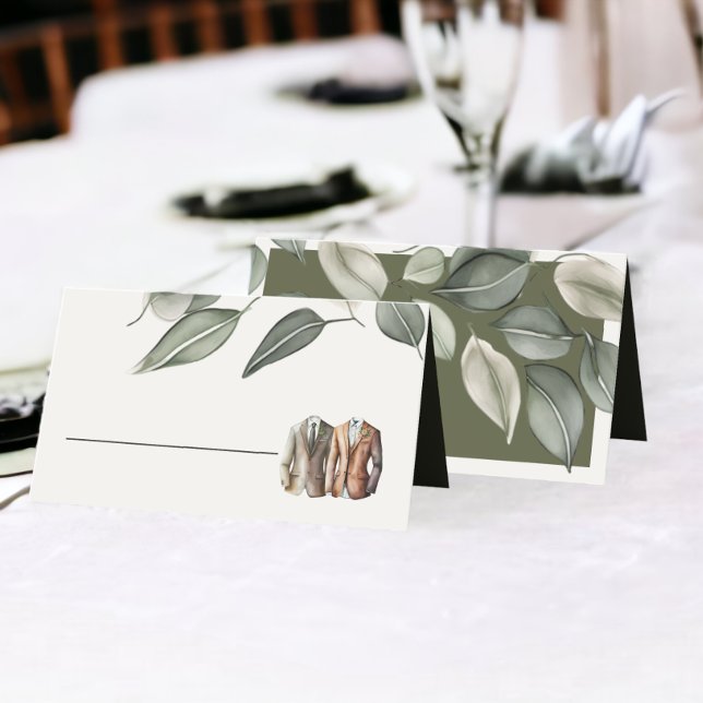 Muterad Grönt Foliage Two Grooms Bröllop Placeringskort (Muted Green Foliage Two Grooms Wedding Place Cards from Ricaso)